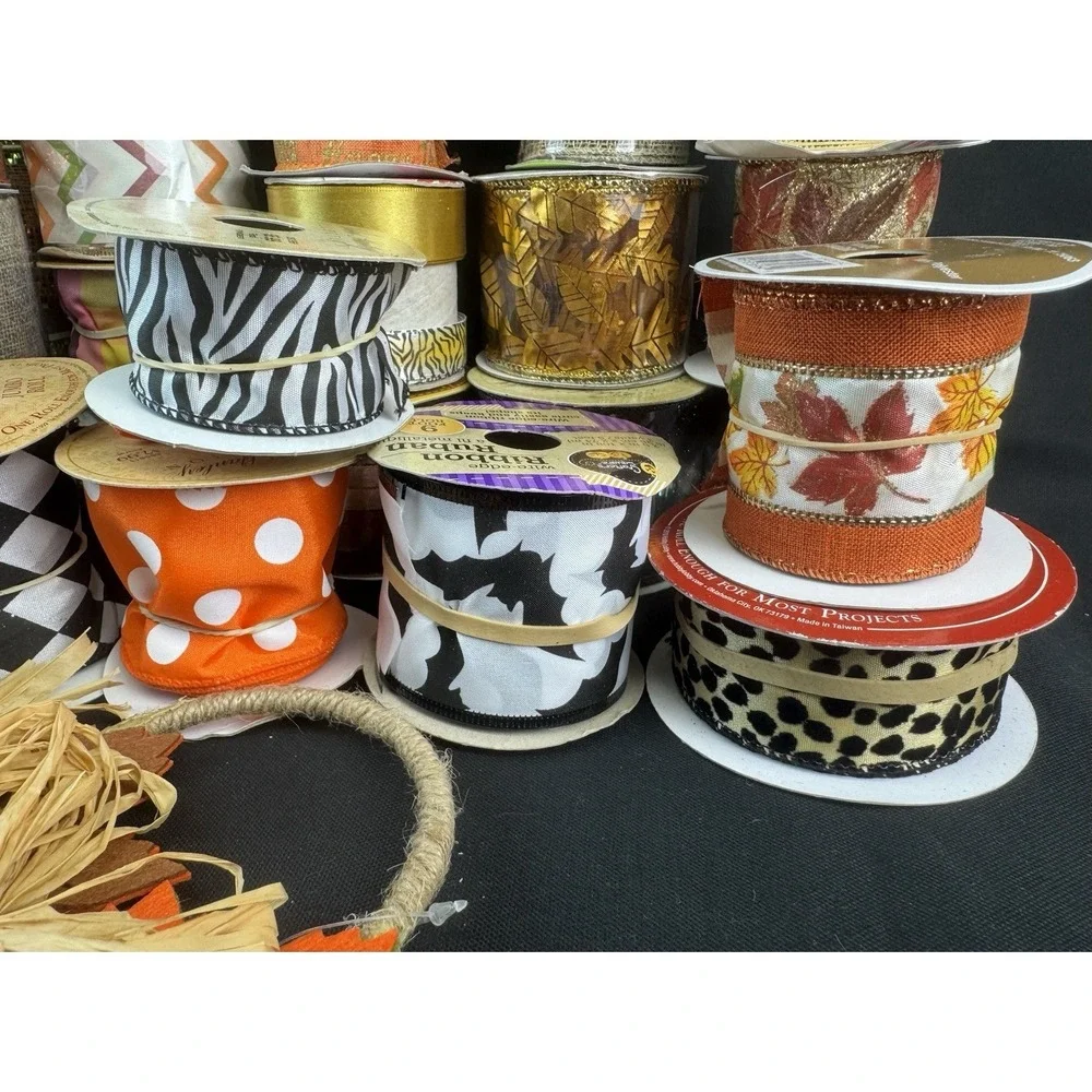 Lot Of 30+ Fall/Halloween Craft Wired Ribbon New & Used